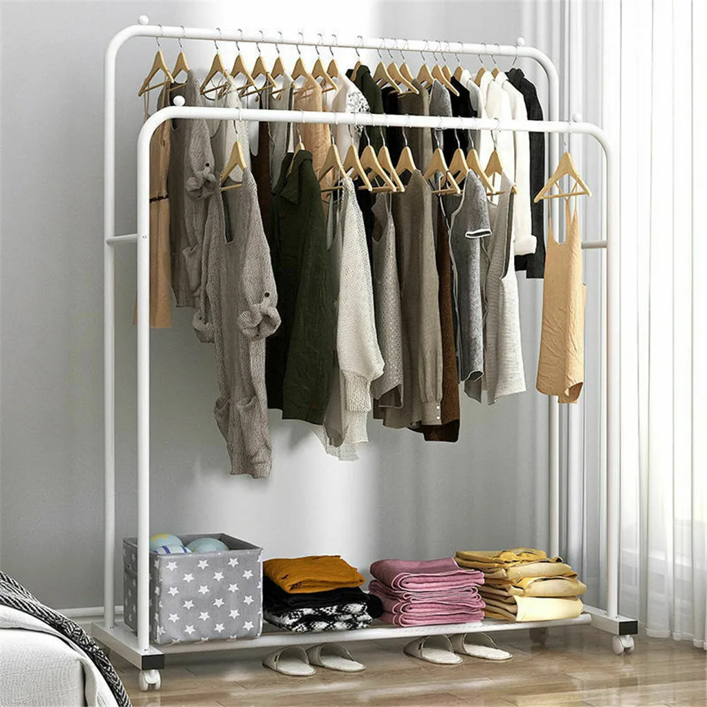 Clothing Garment Rack Stand with Wheel and Storage Two Top Rod Clothes Hanger Clothes Rack Storage Hanger Coat Organizer