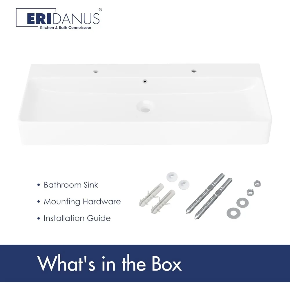 Bathroom Sink Rectangle 43" x 16", Two Hole Vitreous Ceramic Vessel Sink, Countertop & Wall Mount, with Overflow, Glossy White 6