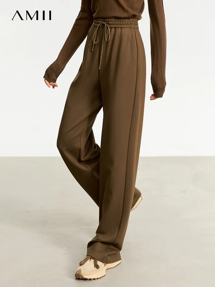 AMII Minimalism Casual Pants for Women 2025 Autumn Wide Leg New Loose Vertical Elastic Waist Drawstring Sporty Trousers 12343338