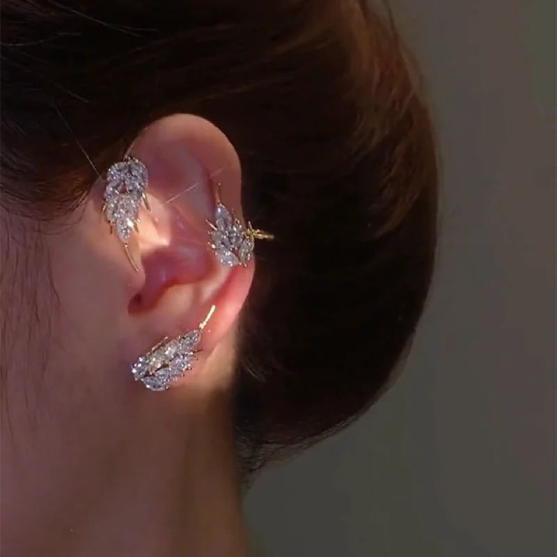 Butterfly Feather Ear Clips Without Piercing For Women Sparkling Zircon Ear Cuff Clip Earrings Wedding Jewelry