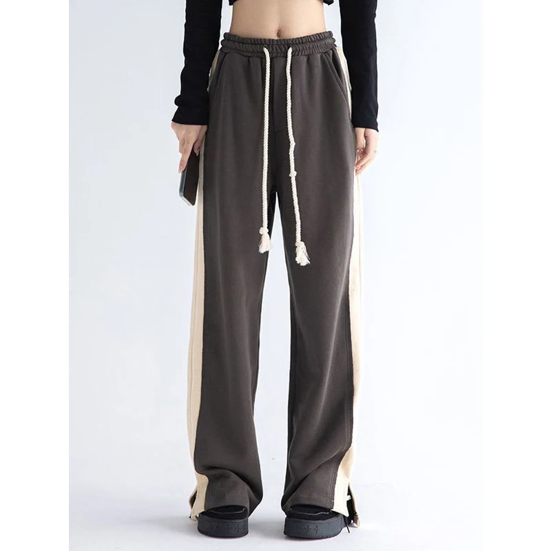 Spring Autumn New Striped Patchwork Straight Pants High Waist Drawstring Solid Loose Wide Leg Pants Trend Casual Women Clothing