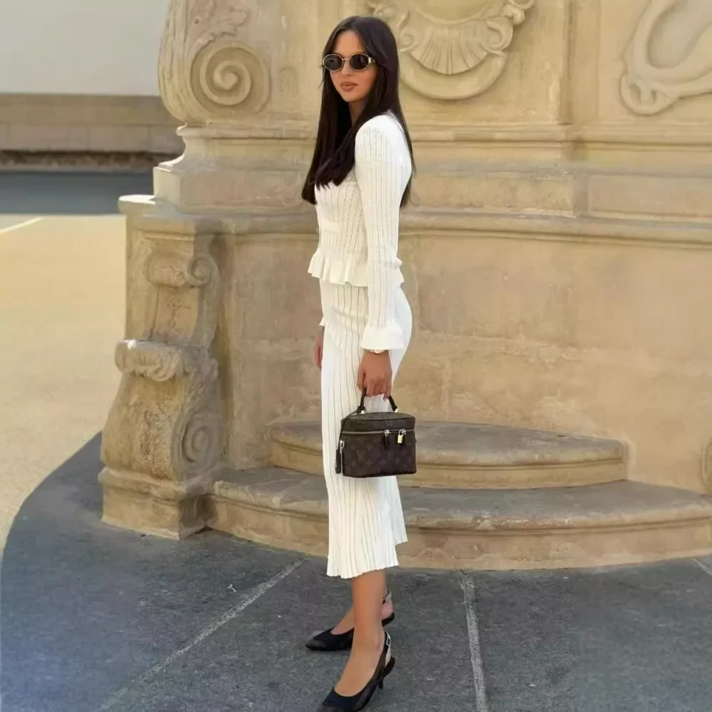 Elegant Knitted Skirt Sets Women Fashion Ruffle Sweater and Midi Outfits Autumn Winter Long Sleeve Slim Party Two Piece Set 2024 4