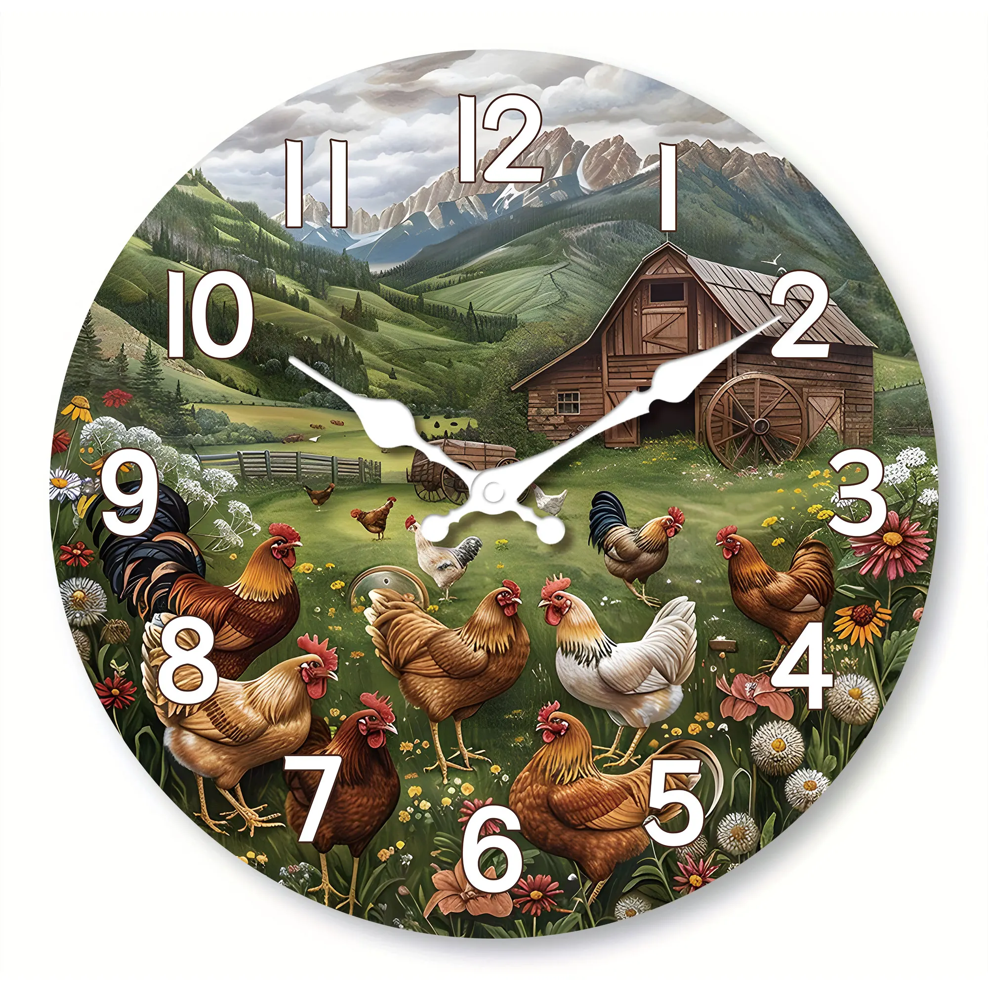 Horloge murale rustique en bois, horloge murale design de ferme et de poulet de montagne, horloge ronde silencieuse, adaptée au lit de salon 1 pièce