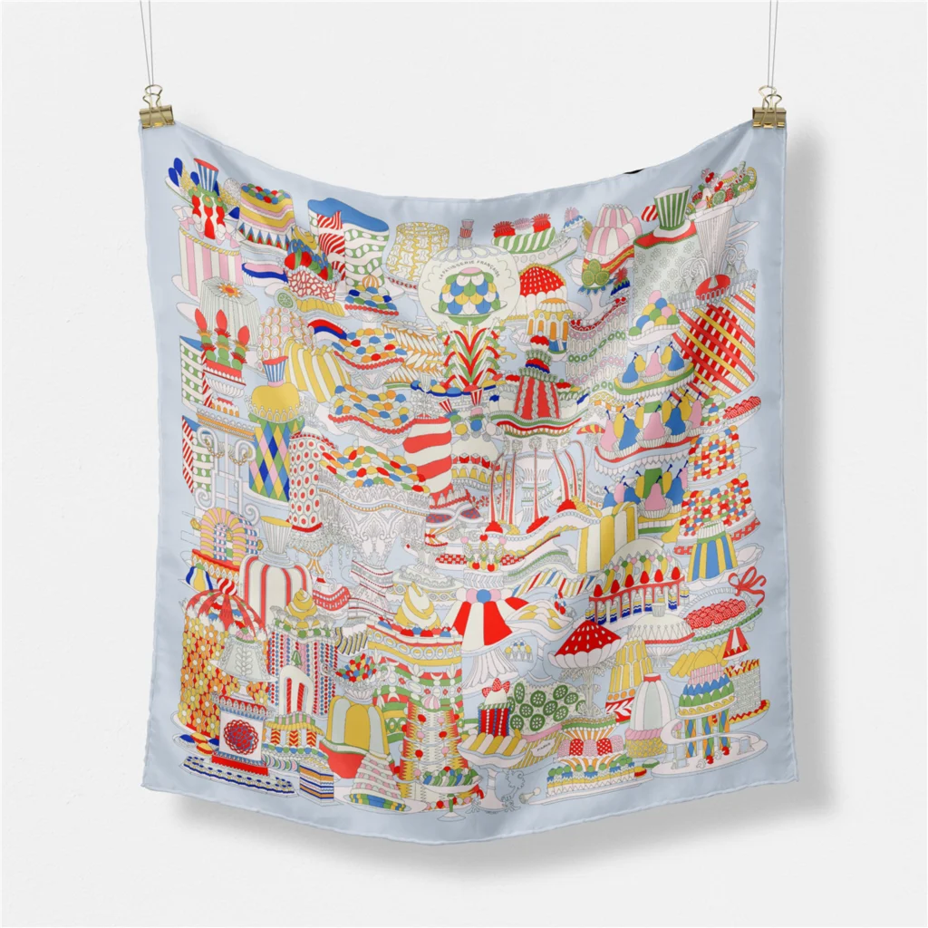 53cm neues Design Französisch Kuchen Druck Seide Schal 2024 Marke quadratischen Schal Frau Luxus Bandana Stirnband Hijab Foulard Halstuch – Detail 21