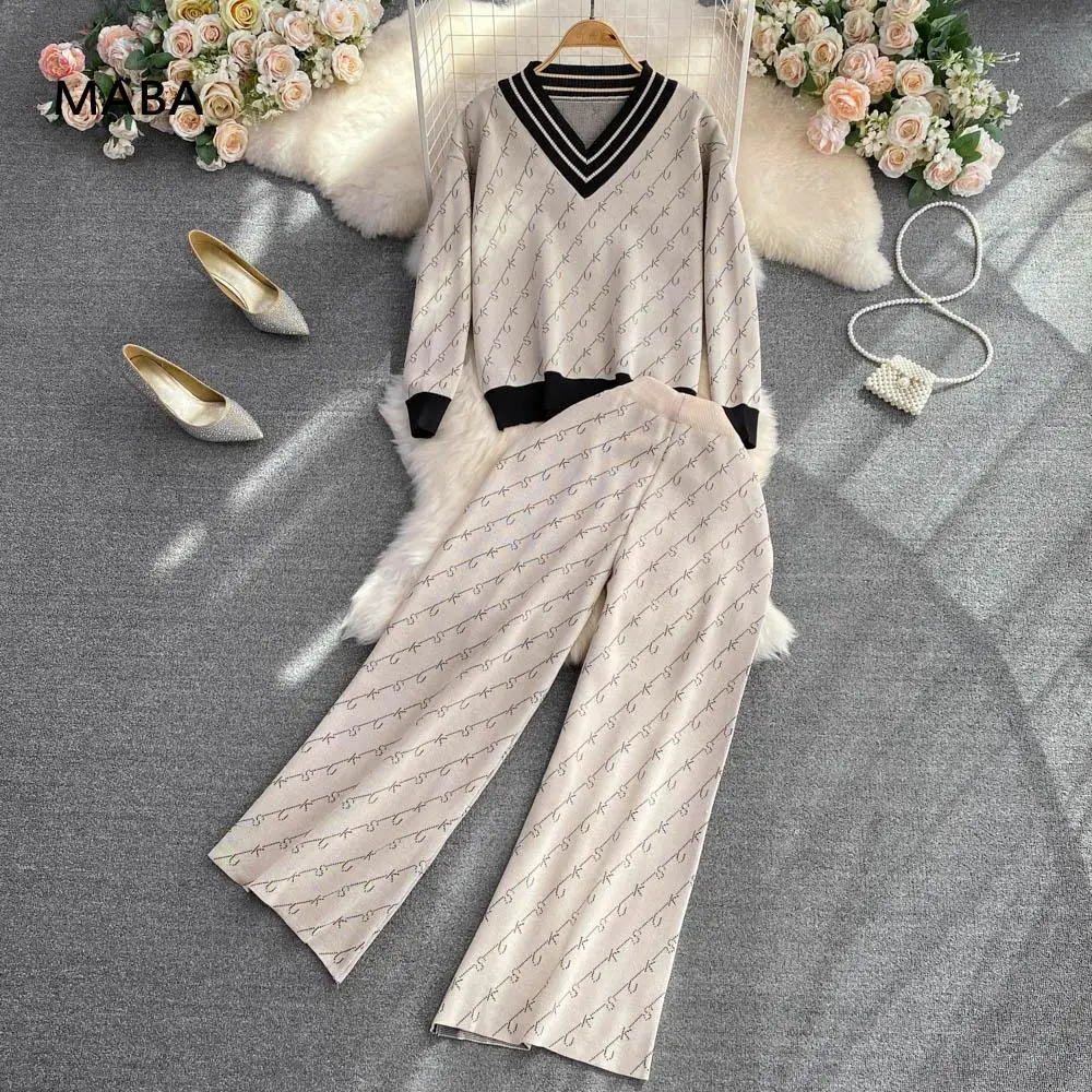 

Casual Sports 2-piece Set Women 2023 Autumn Winter V-neck Loose Pullover Sweater+wide Leg Pants Vintage Print Knitted Outfits
