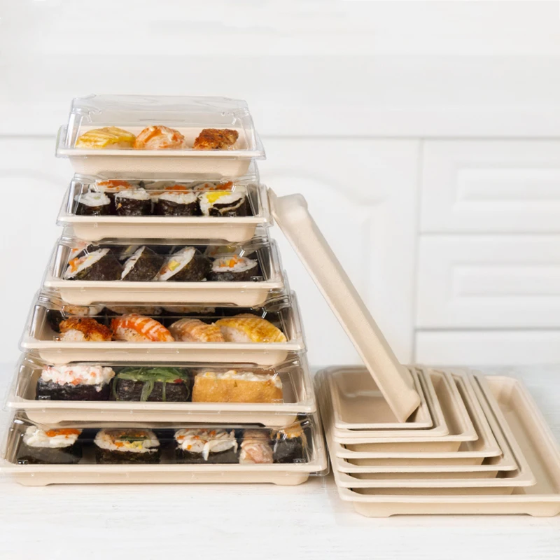 Sushi Box, Disposable Takeaway Packaging Tool, Environmentally Friendly Degradable Rectangle Japanese Tray, Wheat Color