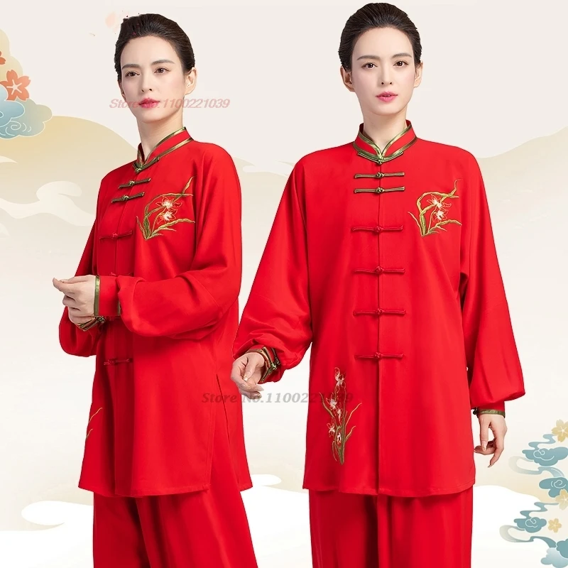 2024 Cinese Vintage Tai Chi Wushu Top + Pantaloni Set Arti Marziali Tai Chi Flower Ricamo Uniforme Team Exercise Performance Set