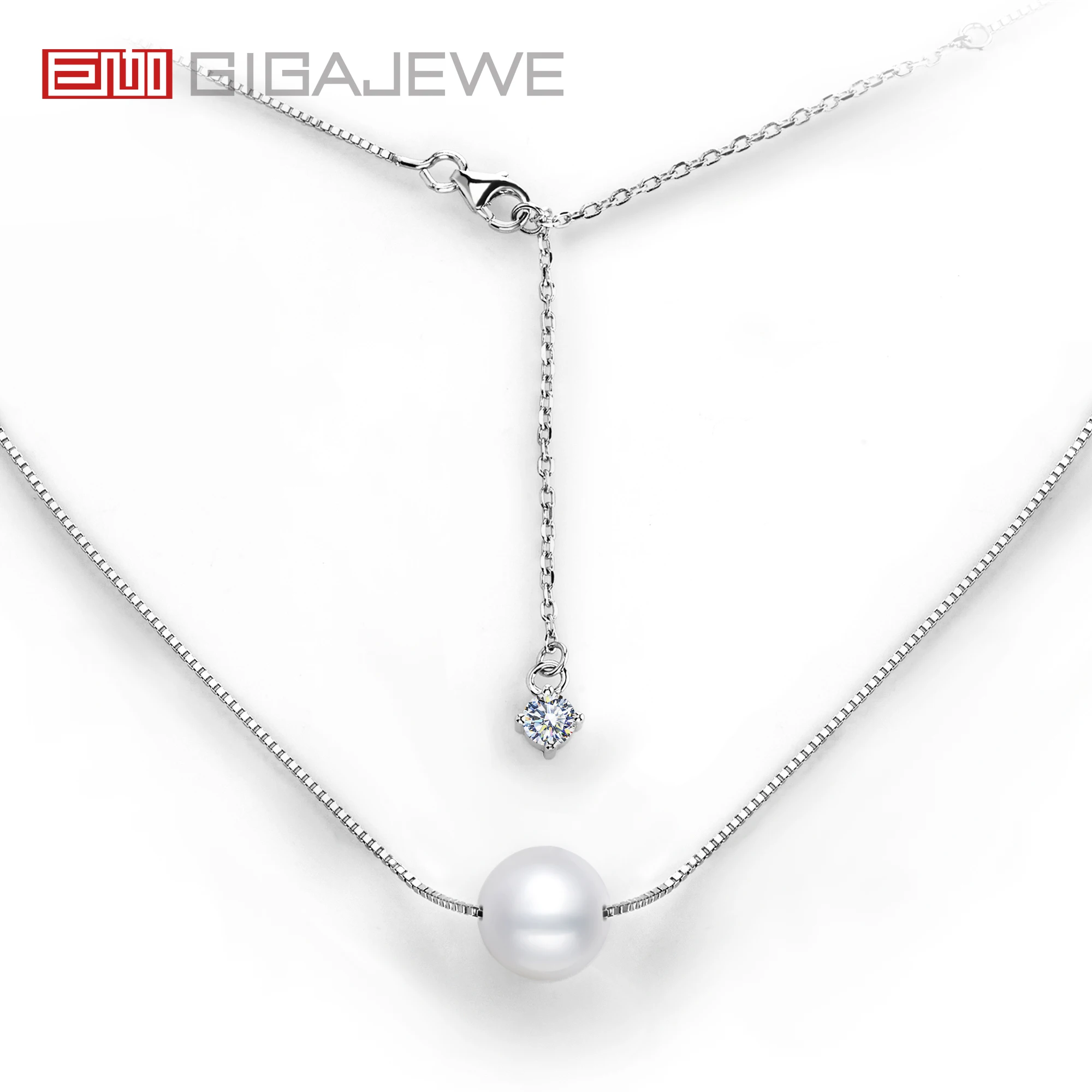 GIGAJEWE Moissanite Pearl Necklace Round Cut White D Color 18K White Gold Plated Silver Pendant S925 Woman Wife Girl Gift
