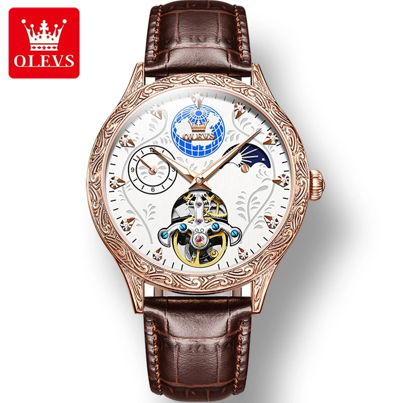 

OLEVS 6660 Fashion Mechanical Watch Gift Genuine Leather Watchband Round-dial Moon Phase Luminous