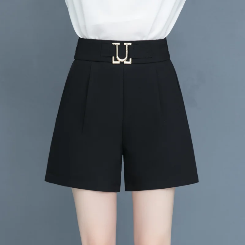 Summer Ice Silk New High Waist Loose Versatile Wide Leg Suit Shorts Women Solid Patchwork Pocket Fashion Korean Straight Shorts
