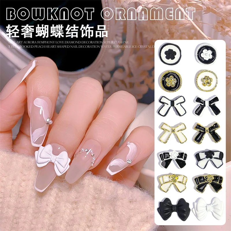 10Pcs Nails Accessories Bow Black White Bowknot Nail Art Jewelry 3D French  Metal Alloy Bows Flower Luxury Nail Rhinestones Charm