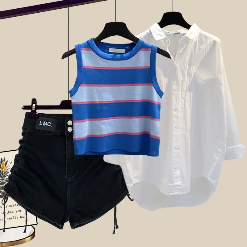 Spring and Summer Suit Women's 2023 New Fashion Sunscreen Shirt Slimming Vest Versatile Denim Shorts Three-piece Set