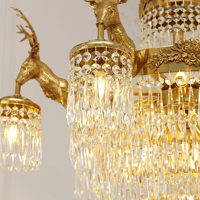 European rococo style full brass lamp k9 crystal shade deer antler fish chandelier centerpieces