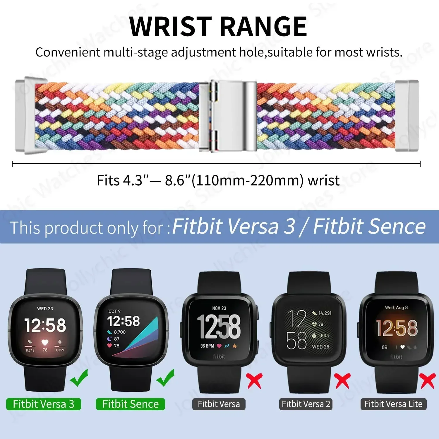 Adjustable Braided Nylon Sport Watch Band - Solo Loop Strap for Versa and Sense Models