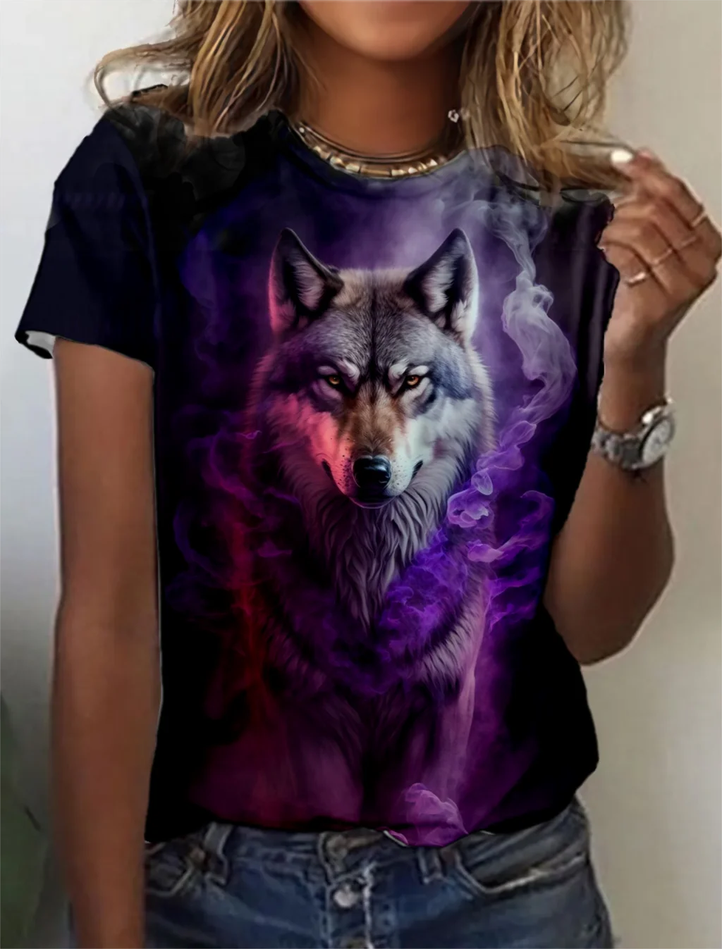 Fashion Women's T-shirt with wolf  Graphic 3D Printed Short Sleeve Summer  T-shirt oversized Polyester Fiber Clothing623_voghion.com