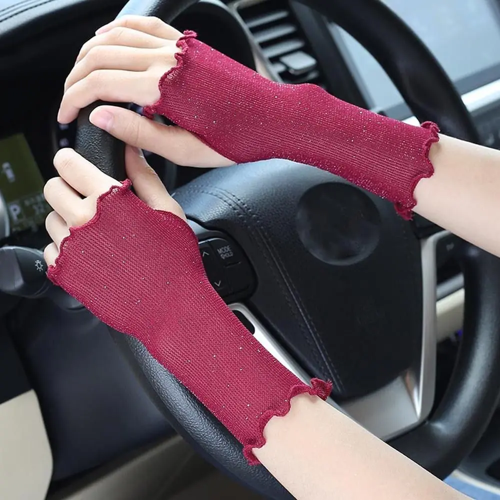 

Workout For Girls Touch Screen Transparent Shinny Anti-UV Ruffle Women Mittens Fingerless Gloves Half Finger Gloves Mesh