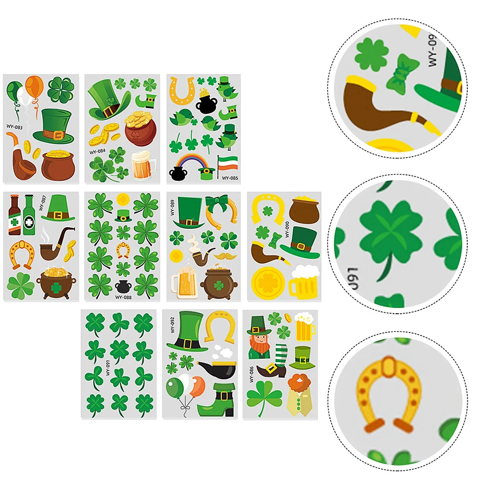 

10 Sheets Irish Tattoo Stickers Temporary Tattoos for Children The Face St Patrick's Day Shamrock Pretty Paper Fashion