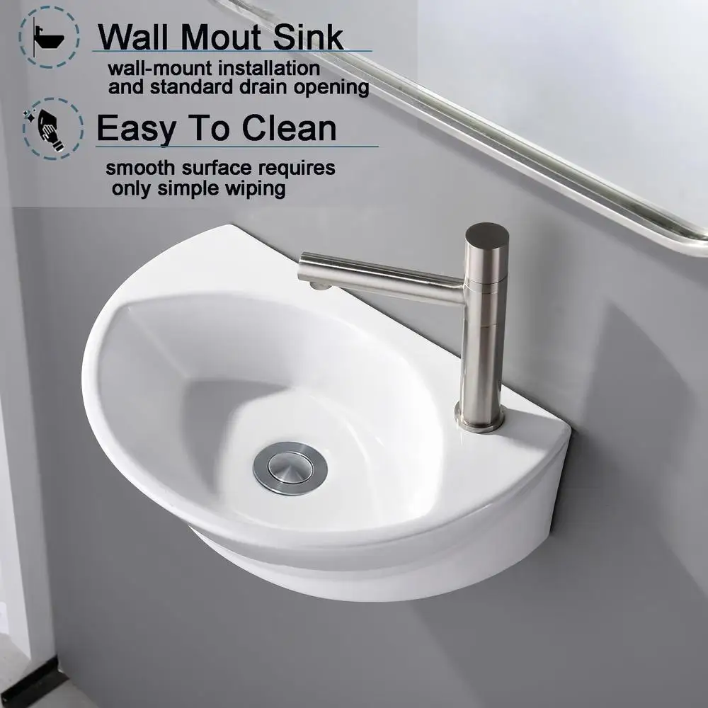 Ceramic Small Wall Mount Bathroom Sink High Gloss Glaze Mini Floating Bath Basin Hung Rv Bathroom Easy Install Length16.5" 4