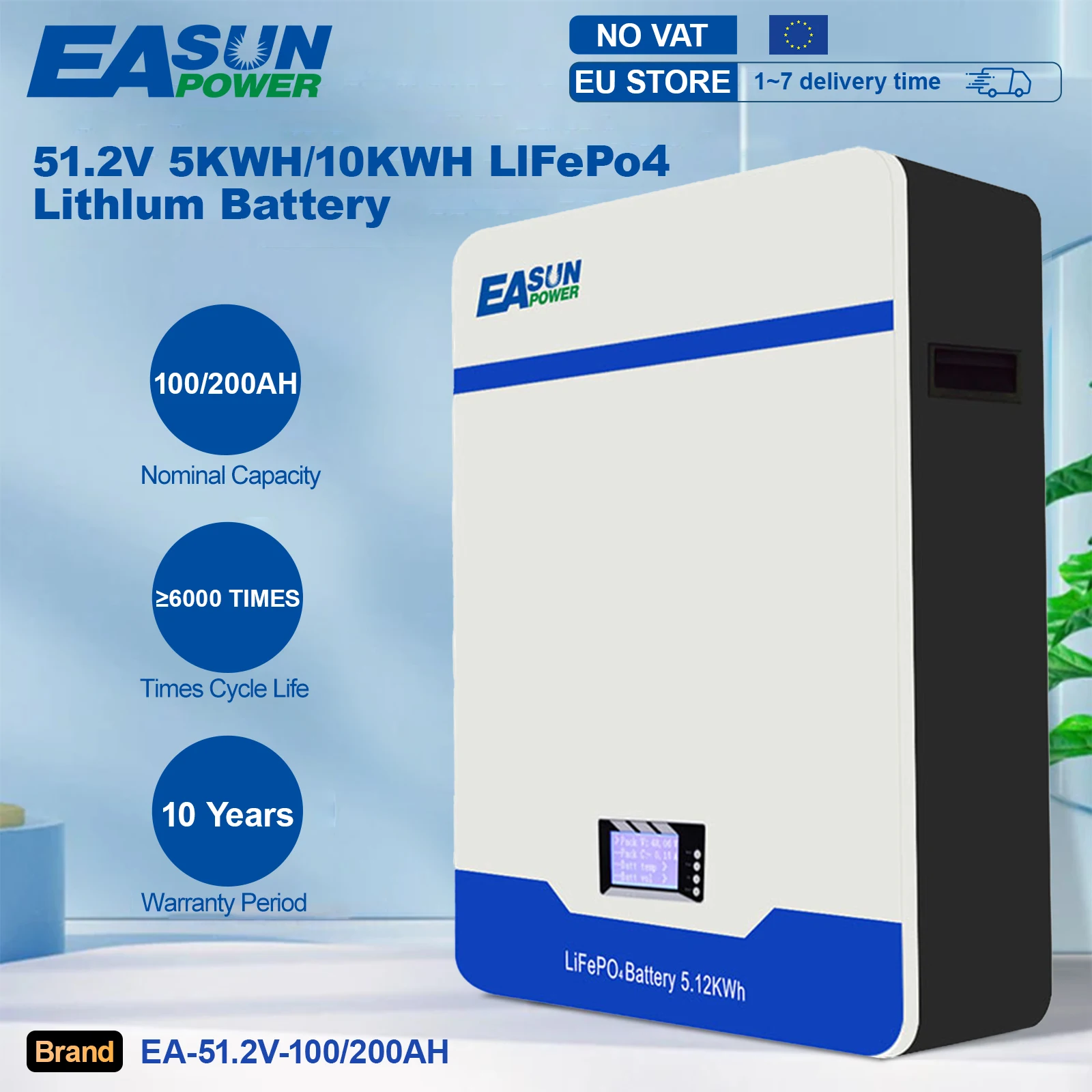 100AH 48V LiFePO4 Batterie 5KWh 51.2V Hochleistungs-Speicherbatterie mit 8000 Zyklen,Wiederaufladbare Batterie mit BMS, Wandmontage, RS485/CAN