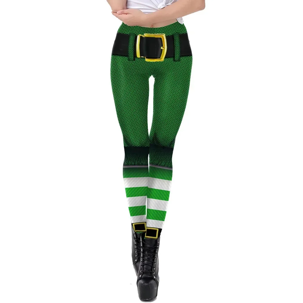 Green Elf Leggings Christmas Stripe Pants Santa Claus Cosplay Costume Xmas Leggings Women Sexy Trousers Holiday Party Pants