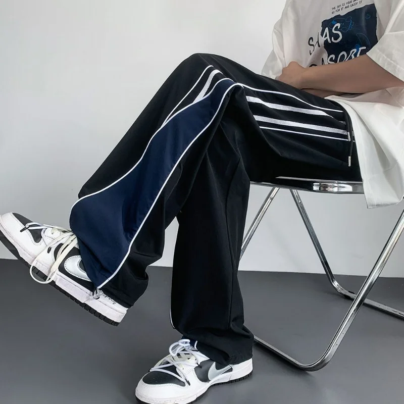 High Street Trendy Casual Pants Men's Solid Side Stripe Patchwork Drawstring Pocket Waterproof Outdoor Sports Straight Trousers