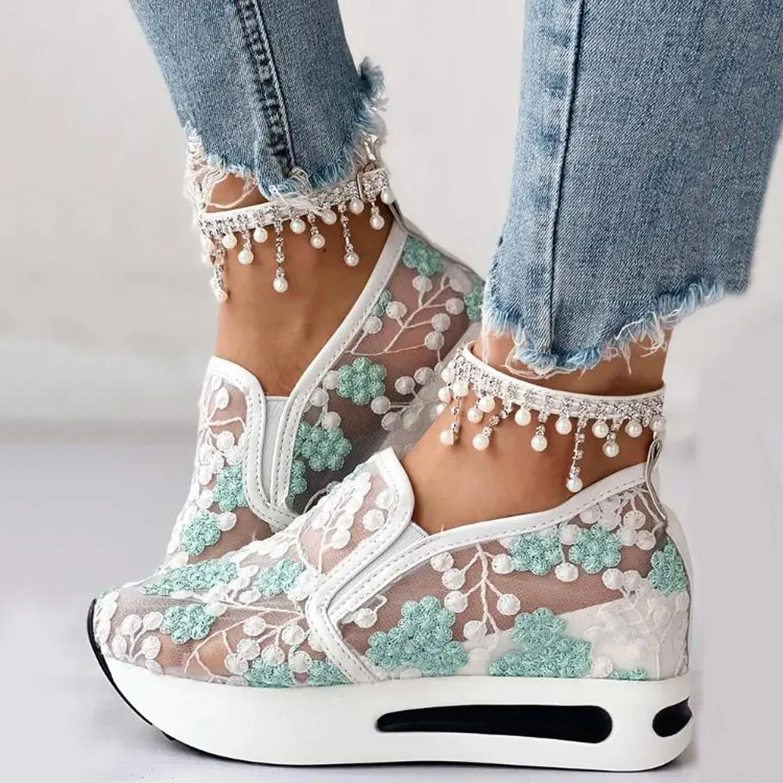 Women Sneaker Summer Breathable Lace Mesh Flower Embroidery Round Head Thick Sole Comfortable Casual Vulcanized Shoes zapatillas