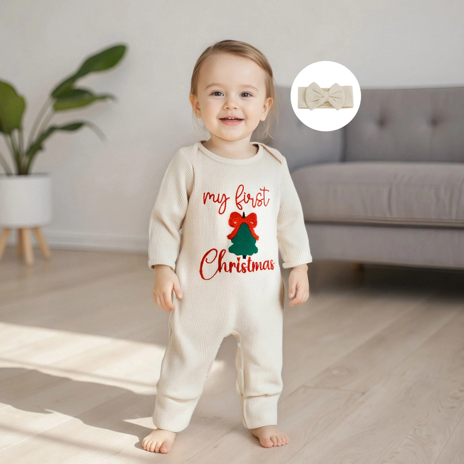 0-6 mesi Il mio primo vestito natalizio per bambina Neonato Babbo Natale Waffle Maglione lavorato a maglia Pagliaccetto Tuta Abiti carini per neonati - immagine 5