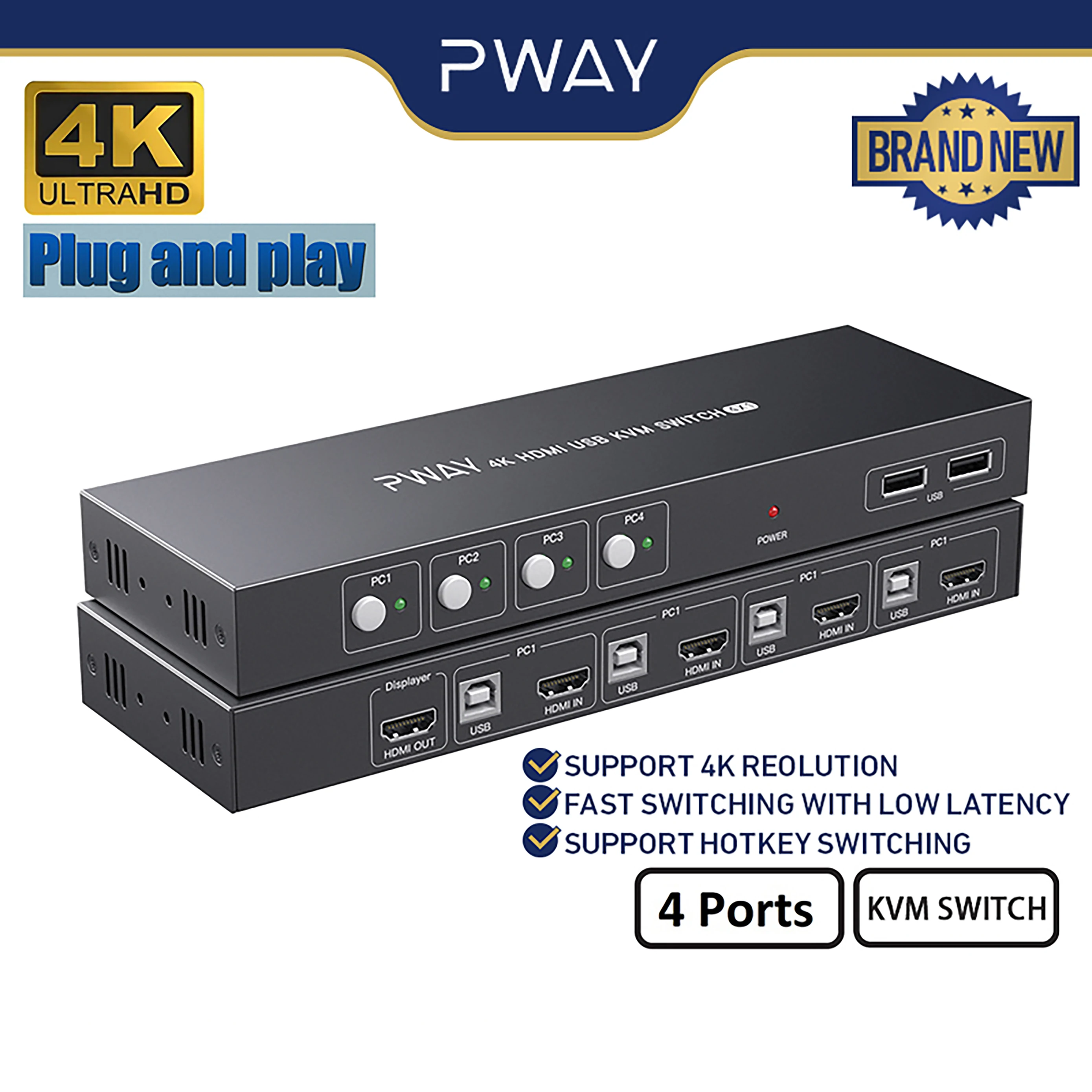 PWAY USB KVM Switch HDMI Splitter With 4 Button Switch Support 4K30Hz