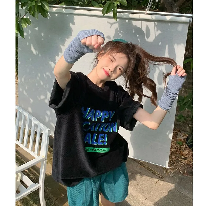 

New Arrival Korean Style Summer Women Loose Casual O-neck Short Sleeve T Shirt All-matched Letter Print Cotton T-shirt 3719