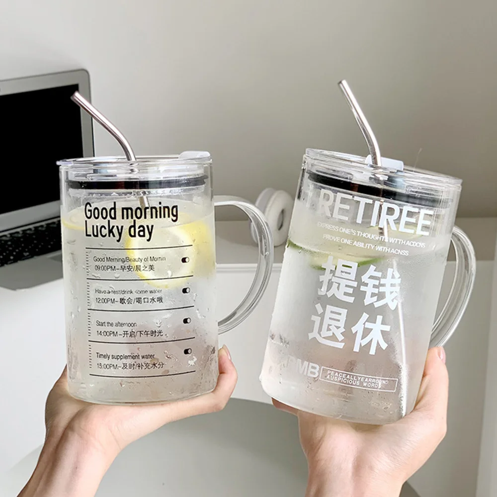 Tumbler with Straw and Lid Kids Drinking Cups Water Glasses with Handle  Measuring Scale Iced Milk Juice Travel Mug Domestic Reusable Eco-Friendly  Cups