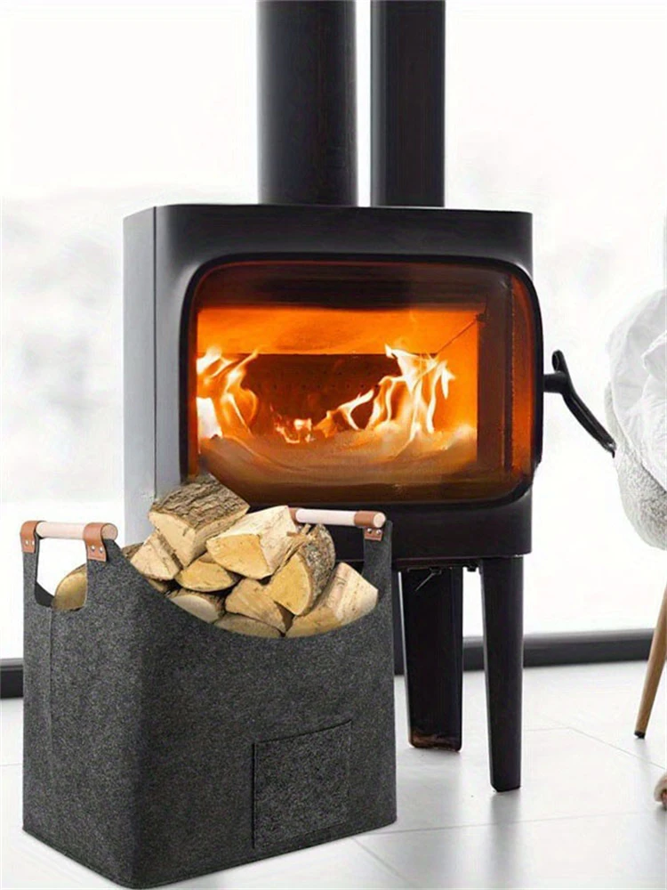 Felt Basket Firewood Box with Wooden Handles Foldable Wood Basket for Firewood Wood Newspapers Clothes Storage Basket 5