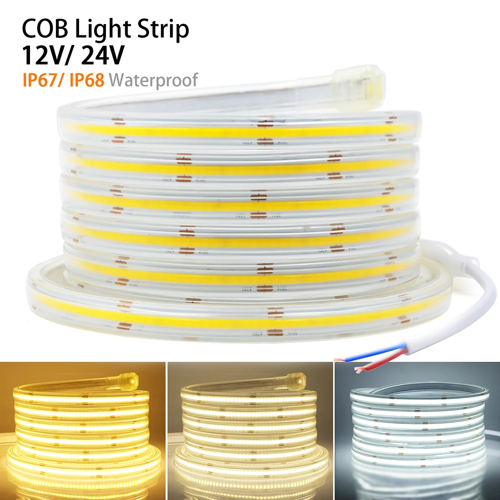 

IP68 Waterproof COB LED Strip Light 12V 24V 5m 10m 15m 20m 30m 100m 0.5m IP67 320 LEDs Flexible Tape High Density Liner Lighting