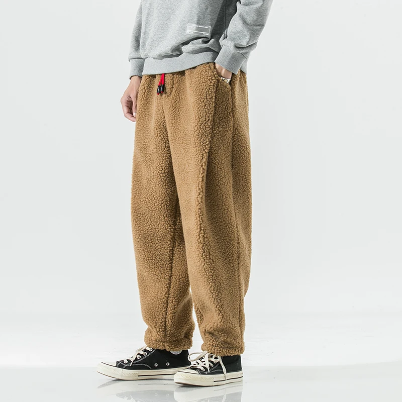 Winter Thicken Pants Men Warm Fashion Retro Thick Lamb Wool Pants Men Streetwear Hip Hop Loose Straight Mens Trousers