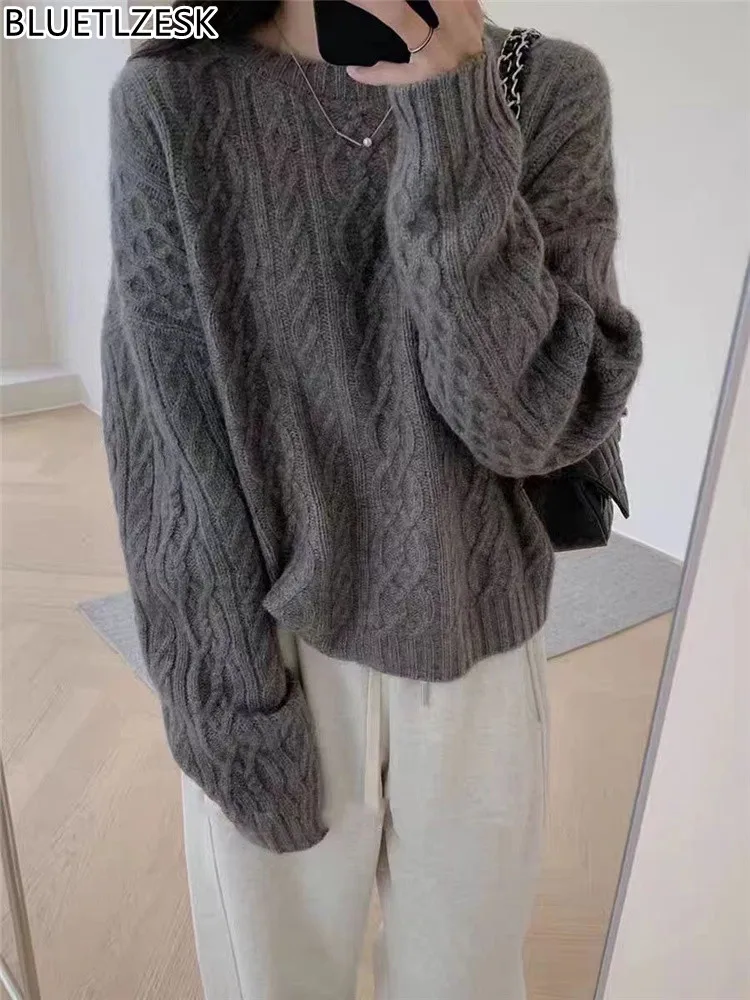 Korean Fashion O-Neck Sweater Women's 2024 Autumn/Winter New Round Neck Pullover 100% Wool Cashmere Knit Sweater Loose Warm Tops 5