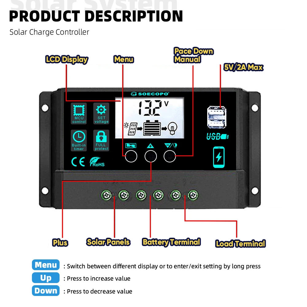 RV 보트 오프 그리드 시스템 용 과충전/단락 보호 기능이있는 12V/24V 100A 솔라 충전 컨트롤러 자동 스위치 LCD 디스플레이