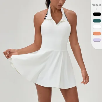 Outdoor sports tennis dress, women's halter-neck fitness one-piece dress, color-blocking lapel golf short skirt