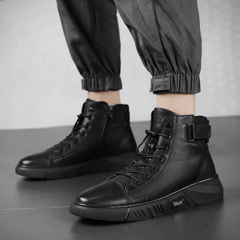Men Sneakers Outdoor Boots Chelsea Boots Men Leather Boots Sneakers Casual Shoes for Men Pu Leather Boots Comfortable Flat Soled High Top Mid Lace Up Fashion Male Footwear Winter New