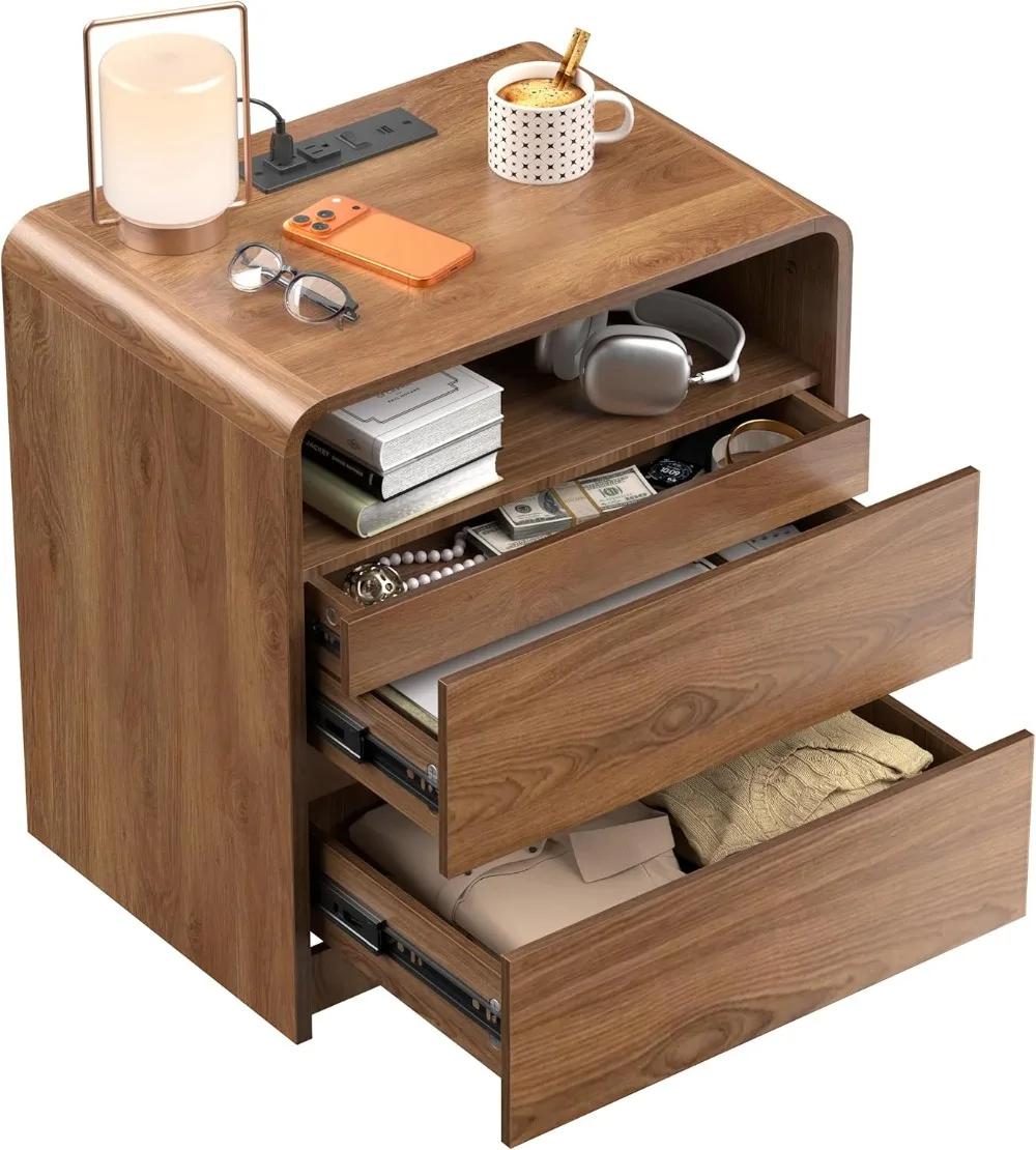 Modern Nightstand with Hidden Drawers, Charging Station, Walnut Finish for Bedroom Living Room