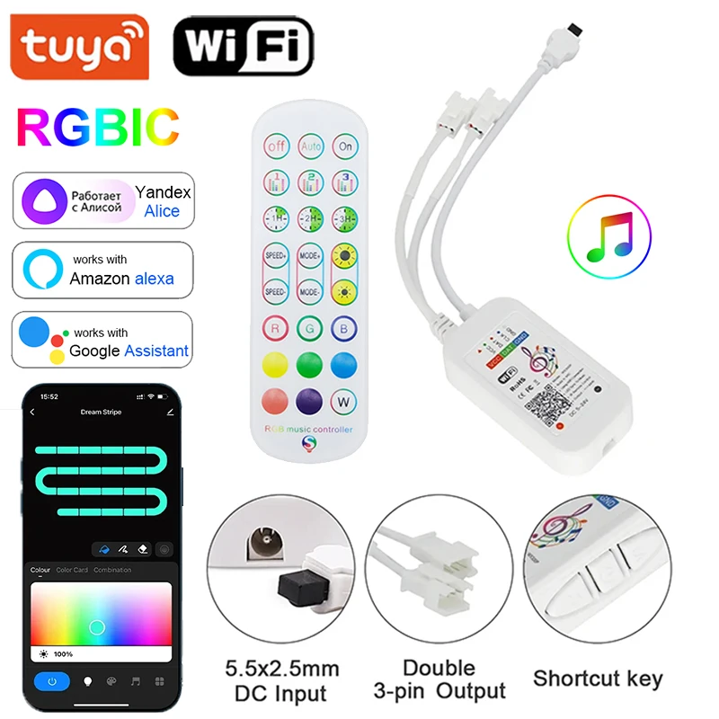 TUYA WIFI Controller Smart 24Keys Remote Control Magic Color RGBIC LED Strip Controller Bluetooth Dream Color Alexa Google Home