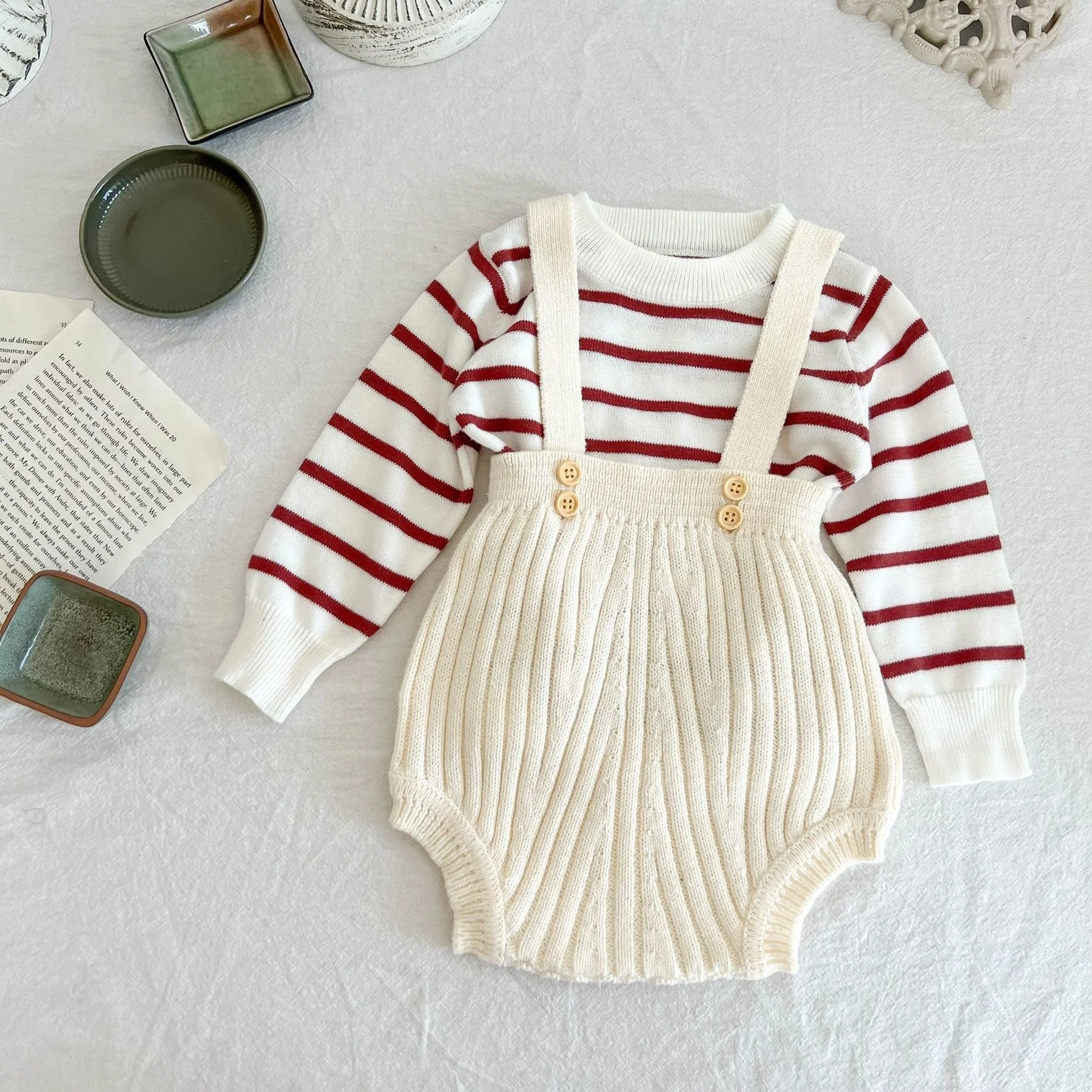 

Spring Newborn Baby Romper Striped Suspenders Knitted Square Collar Jumpsuit Infant Sleeveless Sweater Overalls Bodysuit 0-18 M