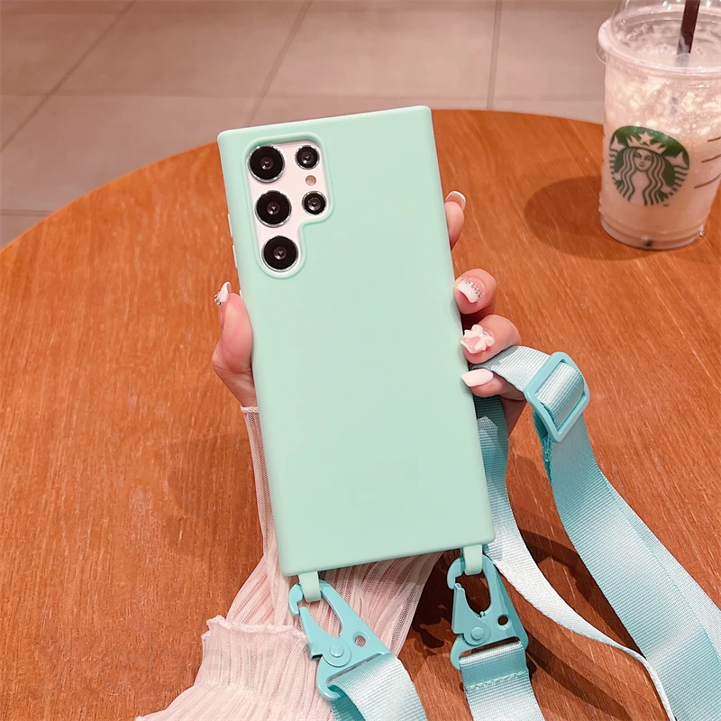Solid Color Soft Silicone Phone Case with Lanyard Strap Cover