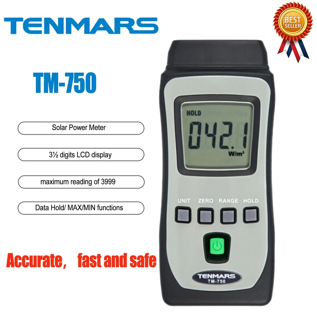 TENMARS TM-750 Solar Power Meter Solar Radiation Measurement.3 Digits LCD Display with Maximum Reading of 3999.