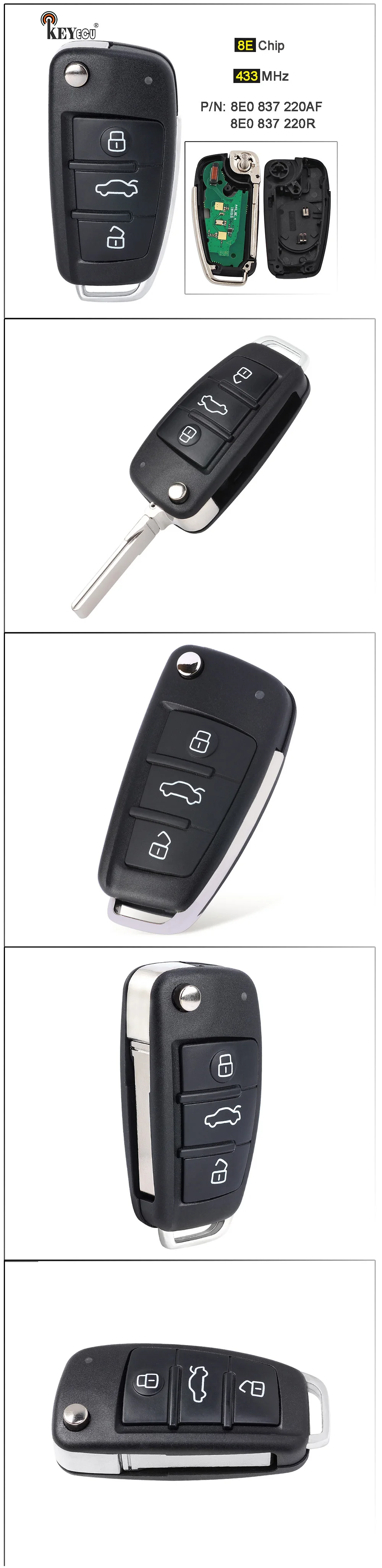Keyforkess 433MHz 8E Chip 8E0 837 220AF / 8E0 837 220R Chiave A Distanza di Vibrazione Fob 3 Bottoni per Audi Q7 A6 S6 - S444164e410984b70ba6d3f0b7a36db58W