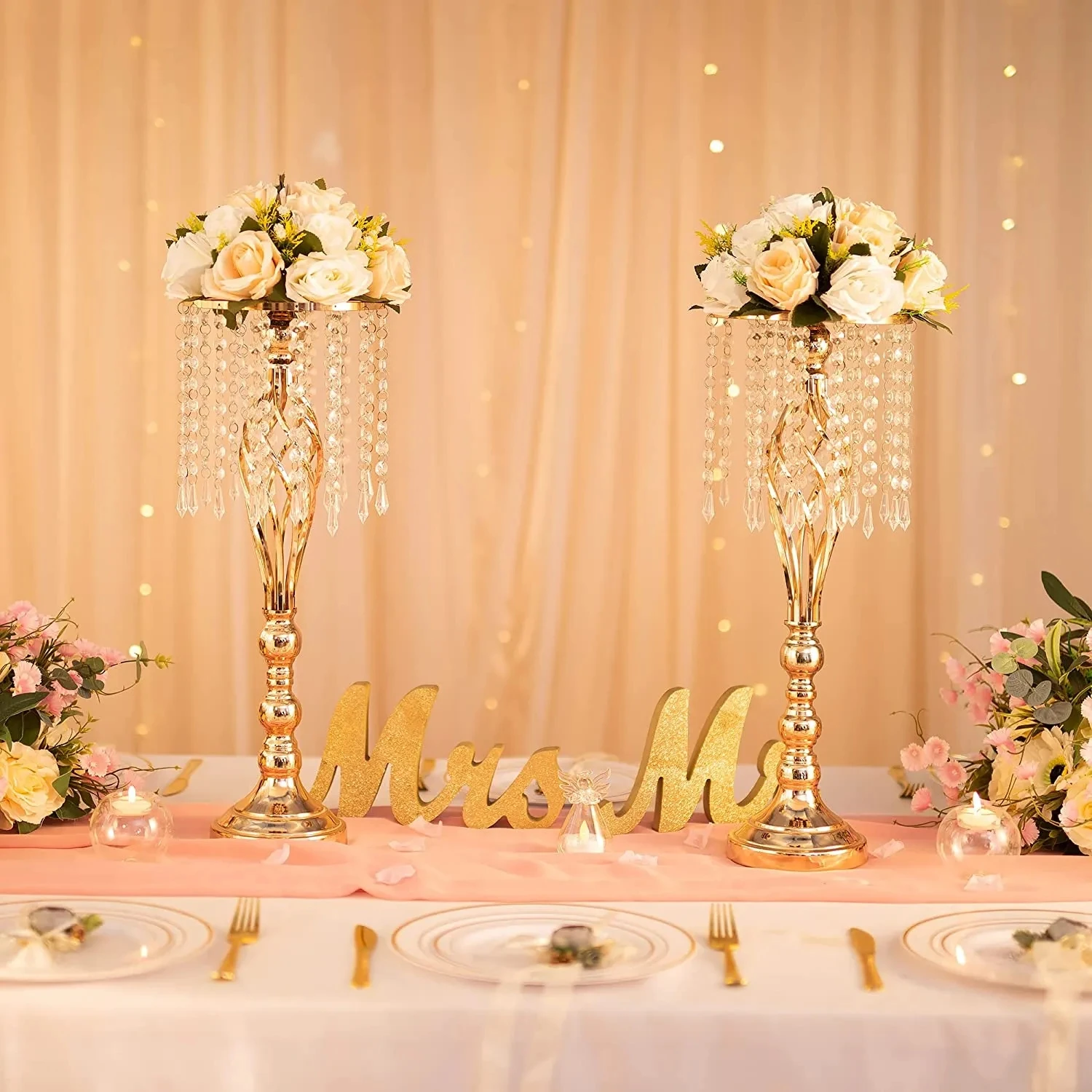 10 Pcs Gold Vase for Wedding Centerpieces Table Decorations with Chandelier Crystals, Flower Vase, Wedding Metal Flower Stand 4