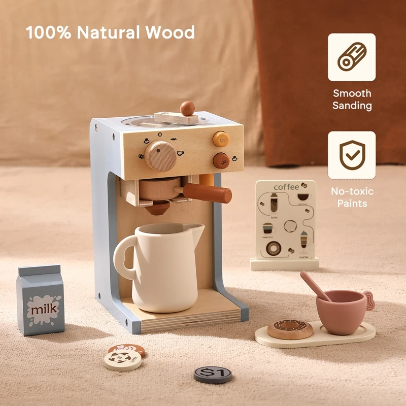 Kids Kitchen Toys Set Wooden Coffee Maker Set Simulation Donut Afternoon Tea Toys Game Kid Educational Toy Gifts for Girls Boys 6