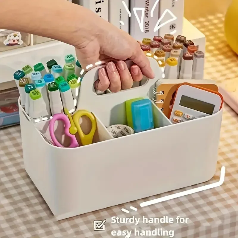 Plastic Storage Basket With Handle Desk Pencil Holder 5-space Stationery Organizer Pen Office Accessories Boxes Desktop School