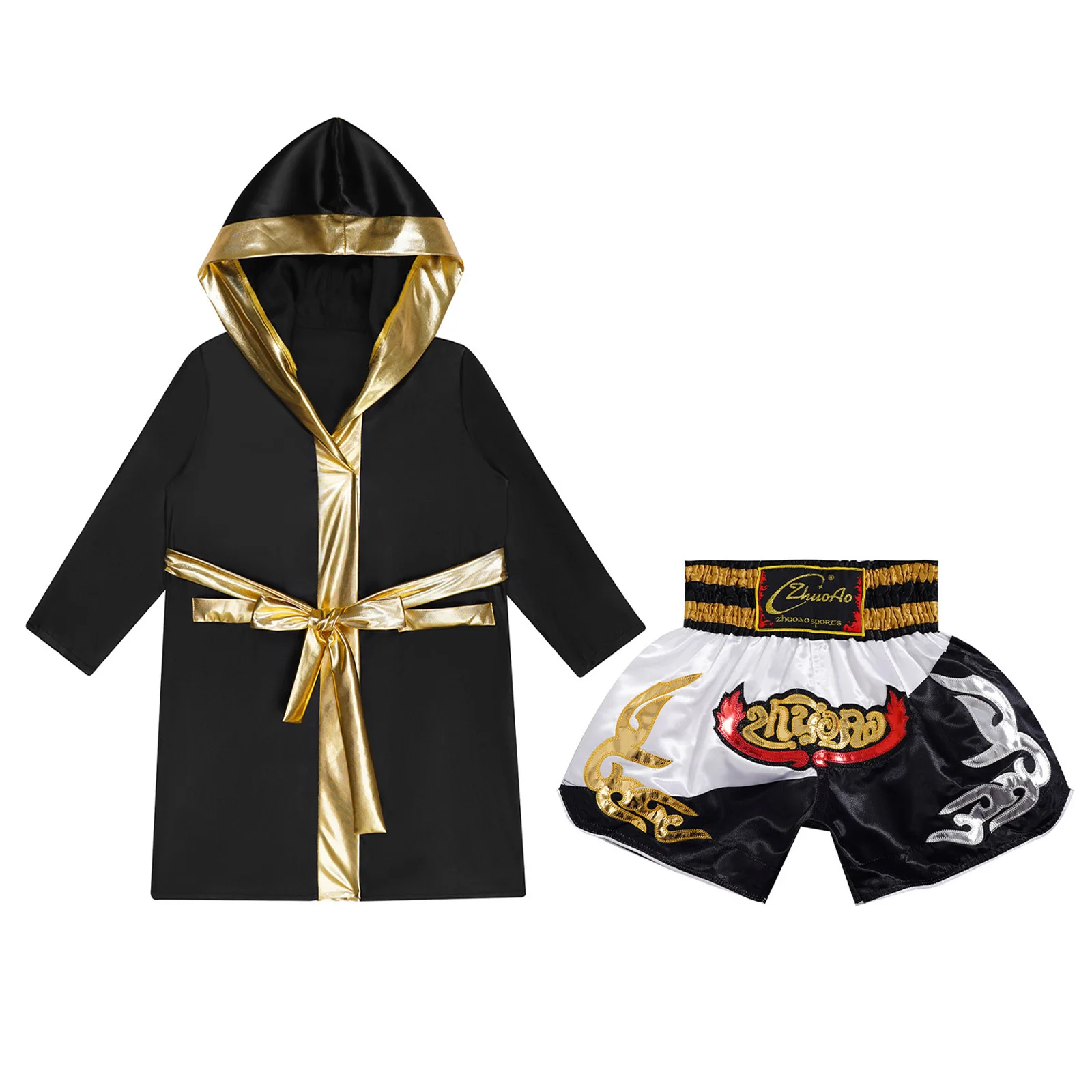 Kids Boys Boxing Outfit Halloween Cosplay Costume Long Sleeve Open Front Robe Satin Hooded Cloak Belt Shorts Roleplay Sets superhero cosplay costume kids cosplay costume