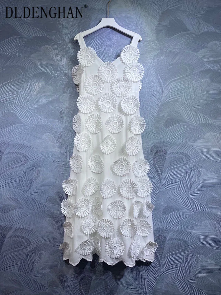 

DLDENGHAN Early Autumn Long Dress Women V-Neck Sleeveless Appliques Elegant Party White Backless Dresses Fashion Designer New