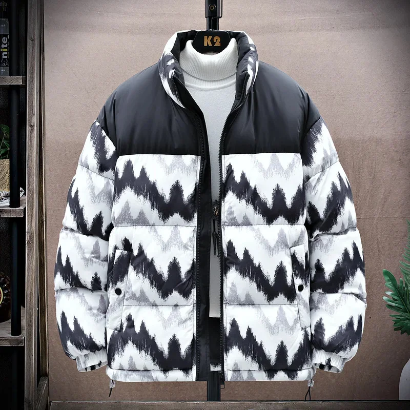 Plush Jacket Men Winter Patchwork Stand-up Collar Printing Coat Cotton-Padded Unisex Thick Warm Vintage Fashion Parkas