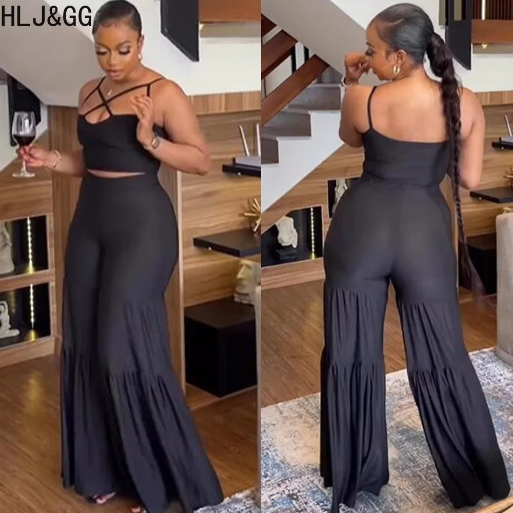 HLJ&GG Black Sexy Solid Wide Leg Pants Two Piece Sets Women Round Neck Hollow Tank Tops And Pants Outfits Spring Female Clothing